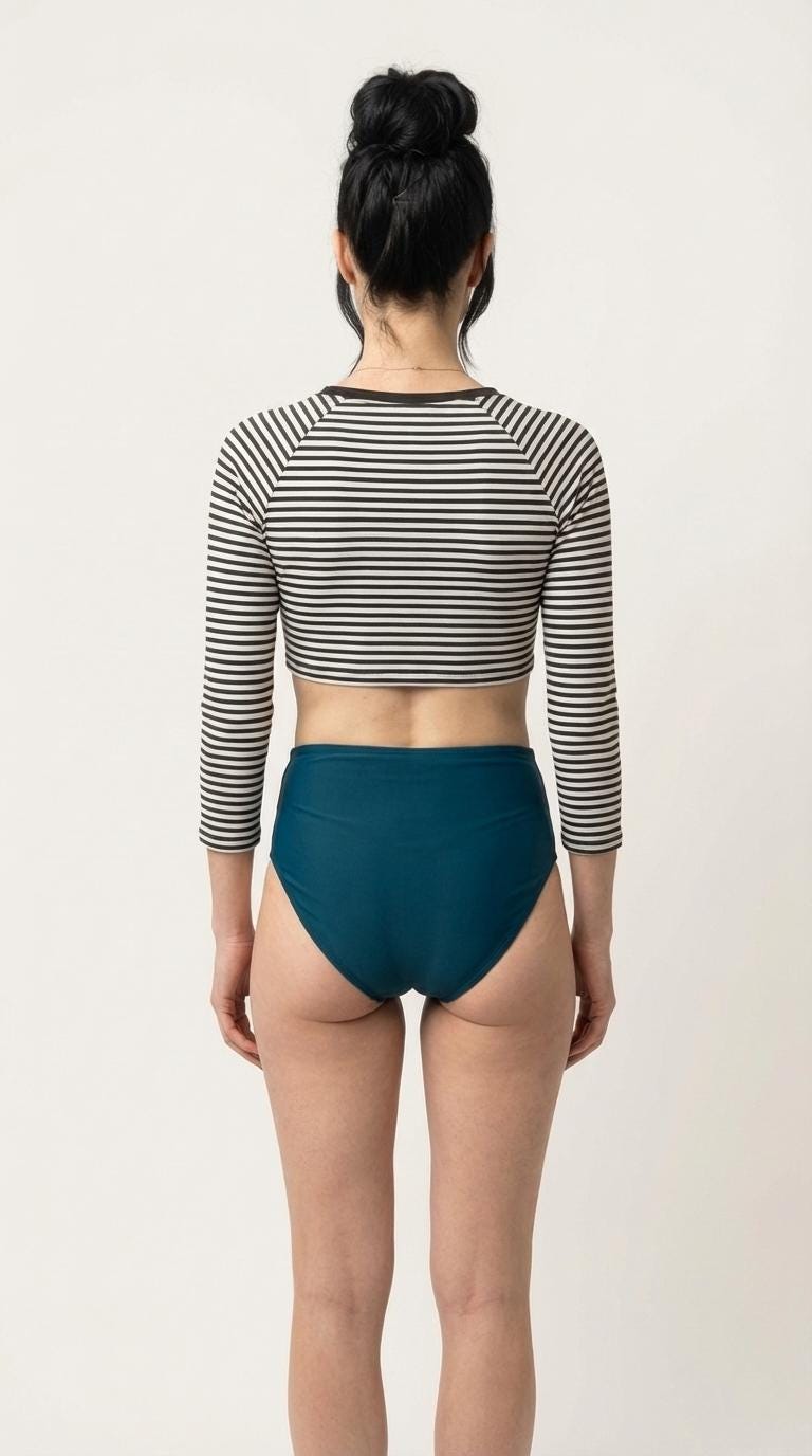 Y2K Goth Grunge High-Waist Bikini | Sporty Surf Long-Sleeve Crop-Top Swimsuit | Black Striped & Teal