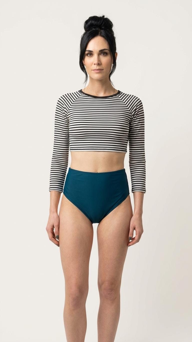 Y2K Goth Grunge High-Waist Bikini | Sporty Surf Long-Sleeve Crop-Top Swimsuit | Black Striped & Teal