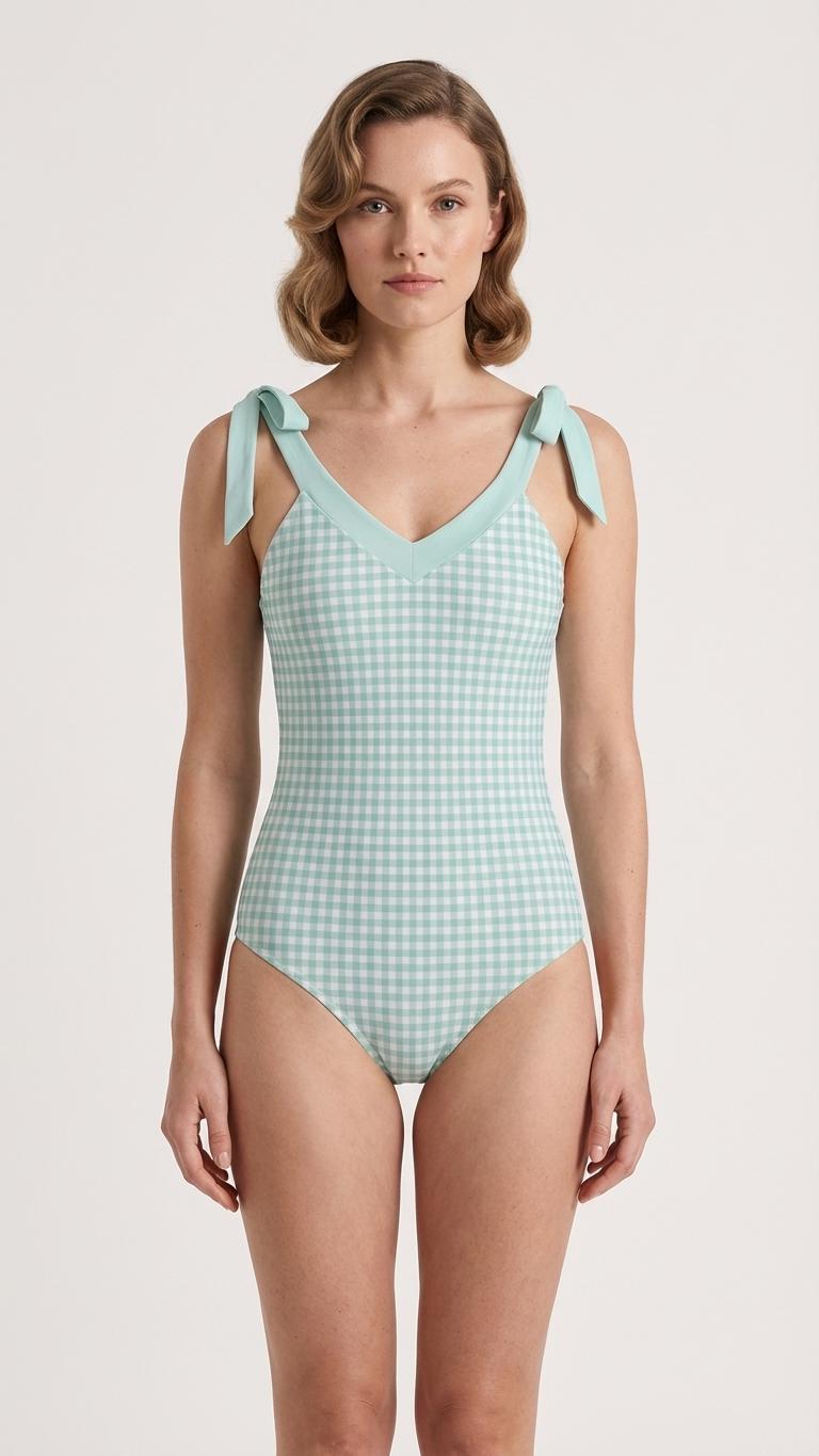 Retro Romantic Gingham Tie Shoulder One-Piece Swimsuit, Built-In Chest Pads, S-5XL, Mint