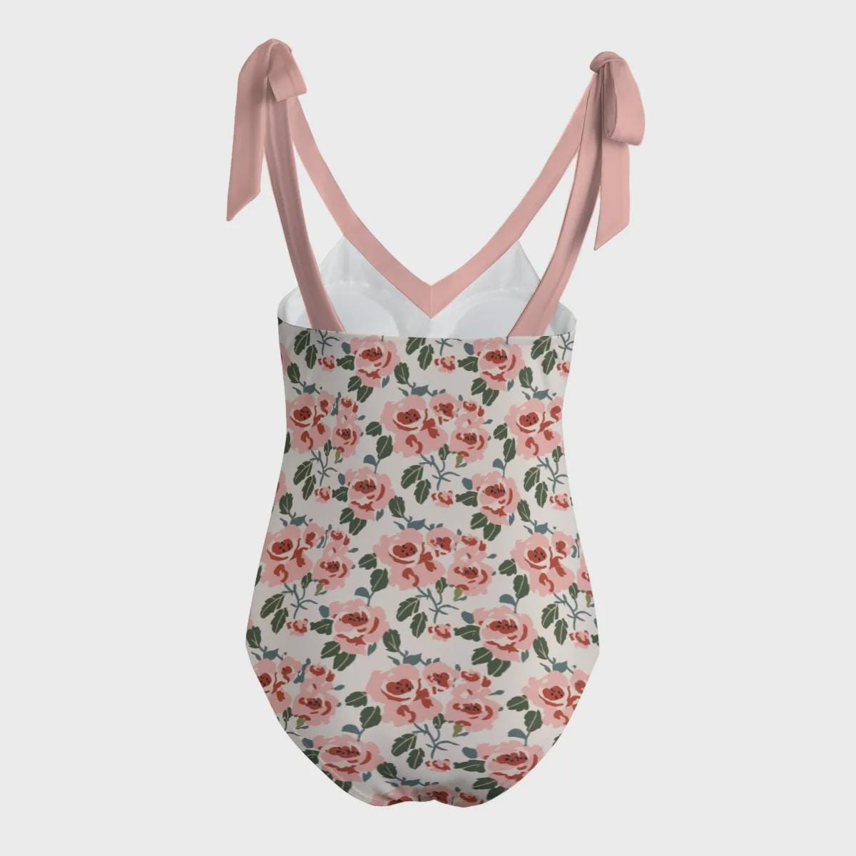 Retro Romantic Floral Tie Shoulder One-Piece Swimsuit, Built-In Chest Pads, S-5XL, Classic Roses