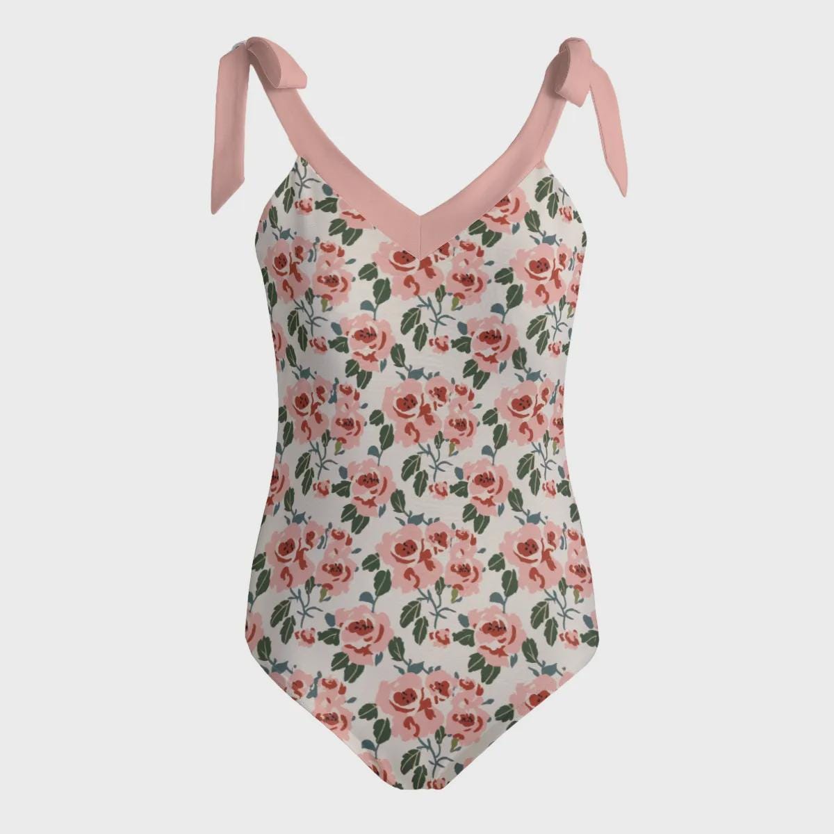 Retro Romantic Floral Tie Shoulder One-Piece Swimsuit, Built-In Chest Pads, S-5XL, Classic Roses