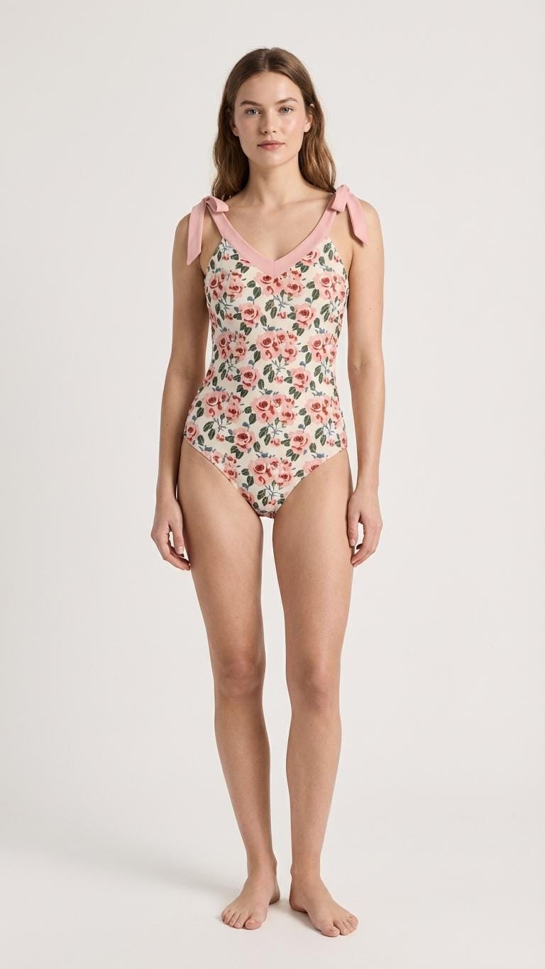 Retro Romantic Floral Tie Shoulder One-Piece Swimsuit, Built-In Chest Pads, S-5XL, Classic Roses