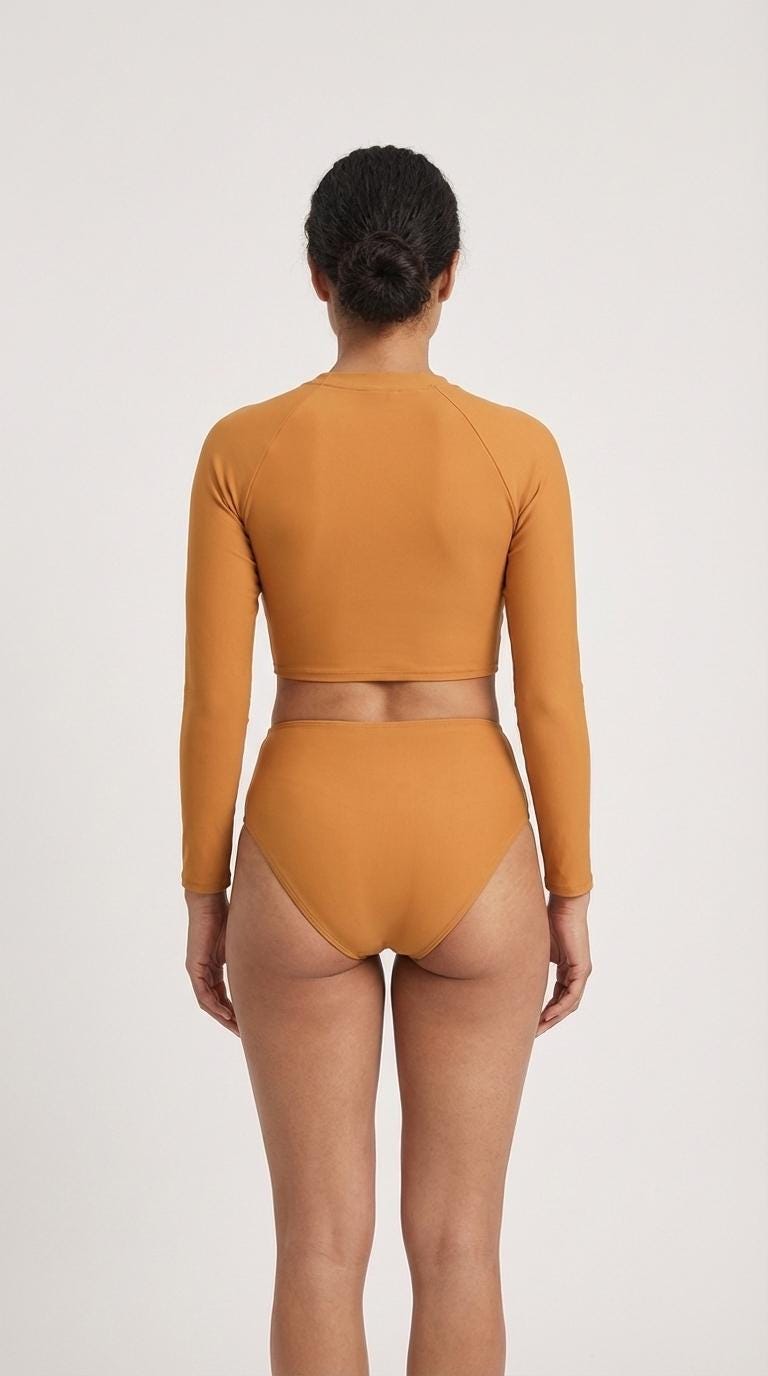 70s Retro Surf Colours Sporty Long-Sleeve Crop-Top Bikini | High-Waist Two-Piece Swimwear | S-2XL | Peach Orange