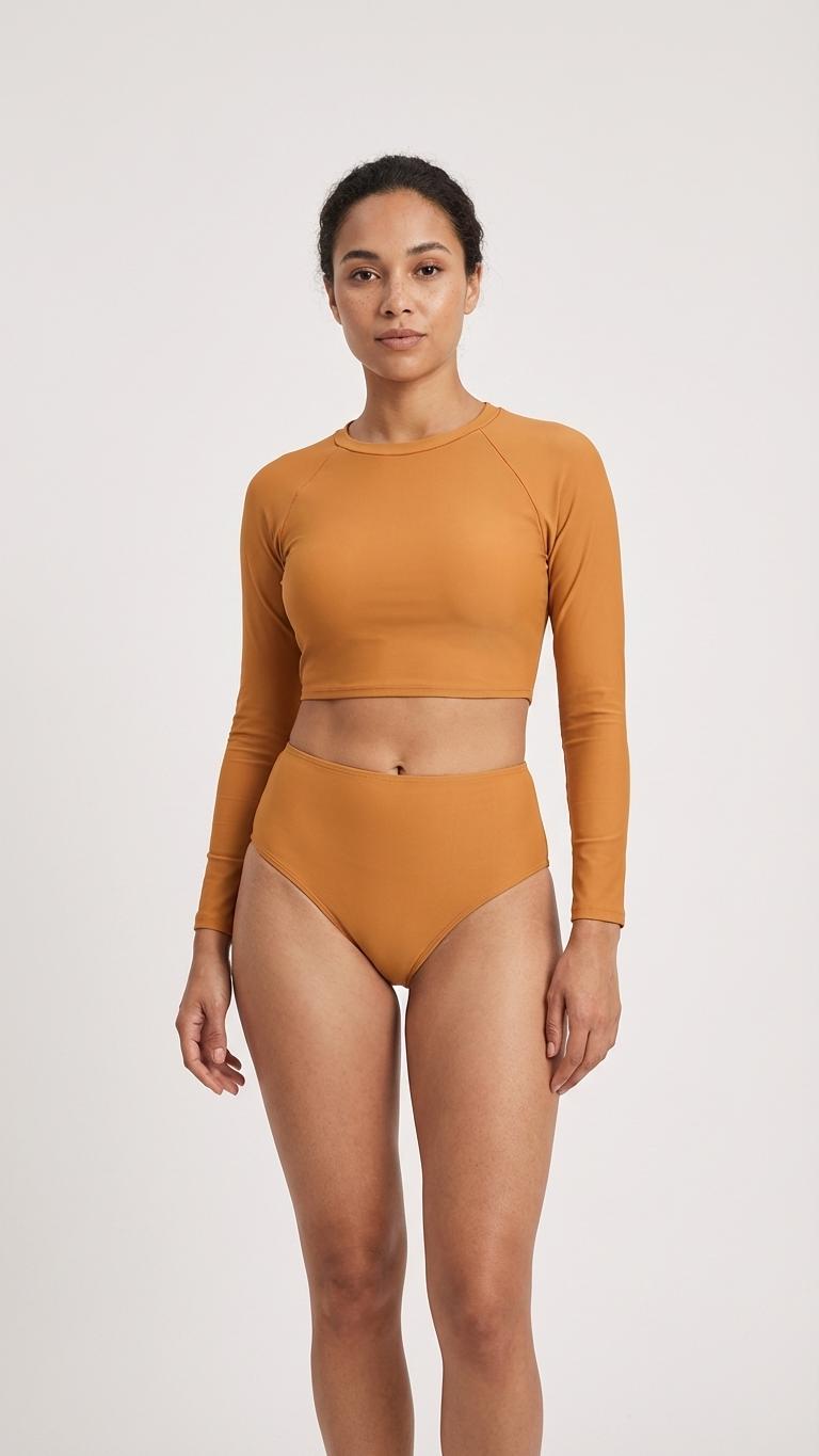 70s Retro Surf Colours Sporty Long-Sleeve Crop-Top Bikini | High-Waist Two-Piece Swimwear | S-2XL | Peach Orange
