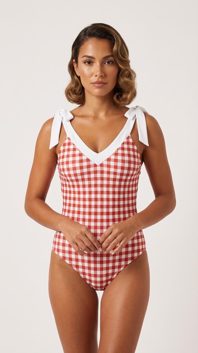 Retro Romantic Gingham Tie Shoulder One-Piece Swimsuit, Built-In Chest Pads, S-5XL, Red