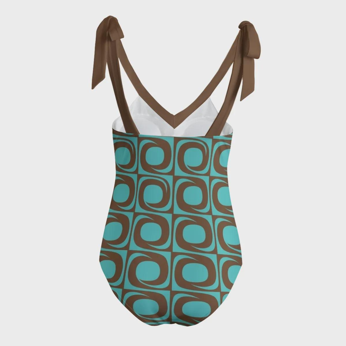 Retro Groovy 60s Tie Shoulder One-Piece Swimsuit, Built-In Chest Pads, S-5XL, Cyan & Brown