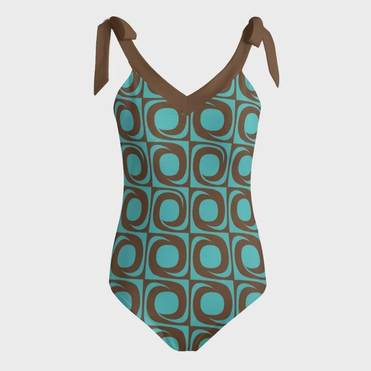 Retro Groovy 60s Tie Shoulder One-Piece Swimsuit, Built-In Chest Pads, S-5XL, Cyan & Brown