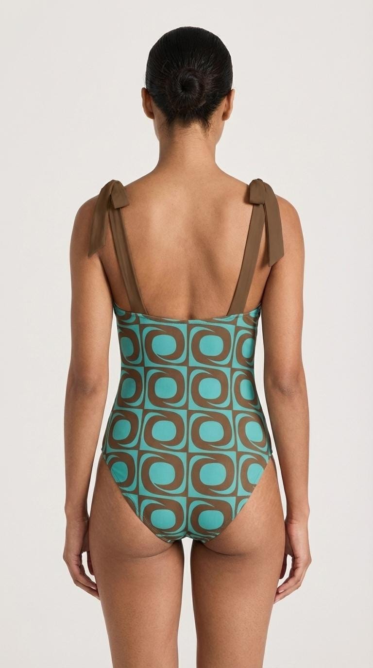 Retro Groovy 60s Tie Shoulder One-Piece Swimsuit, Built-In Chest Pads, S-5XL, Cyan & Brown