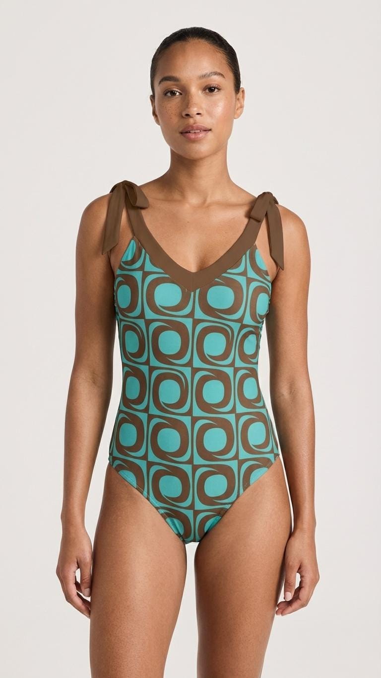 Retro Groovy 60s Tie Shoulder One-Piece Swimsuit, Built-In Chest Pads, S-5XL, Cyan & Brown