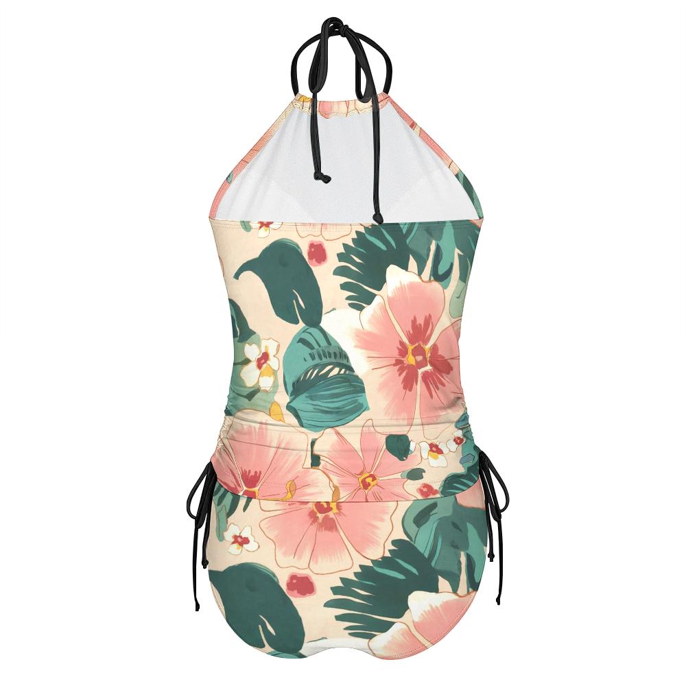 Retro Floral Tankini Two-Piece Swimsuit - Drawstring Halterneck Flattering Fit Surfing Swimwear - Delicate Pinks & Greens