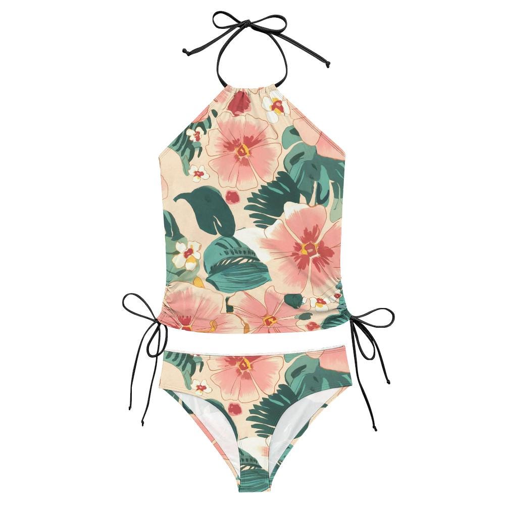 Retro Floral Tankini Two-Piece Swimsuit - Drawstring Halterneck Flattering Fit Surfing Swimwear - Delicate Pinks & Greens
