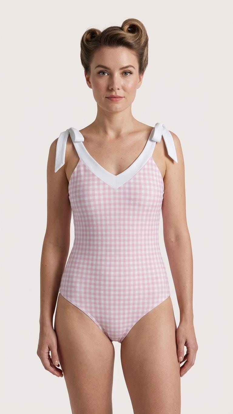 Retro Romantic Gingham Tie Shoulder One-Piece Swimsuit, Built-In Chest Pads, S-5XL, Coquette Pink