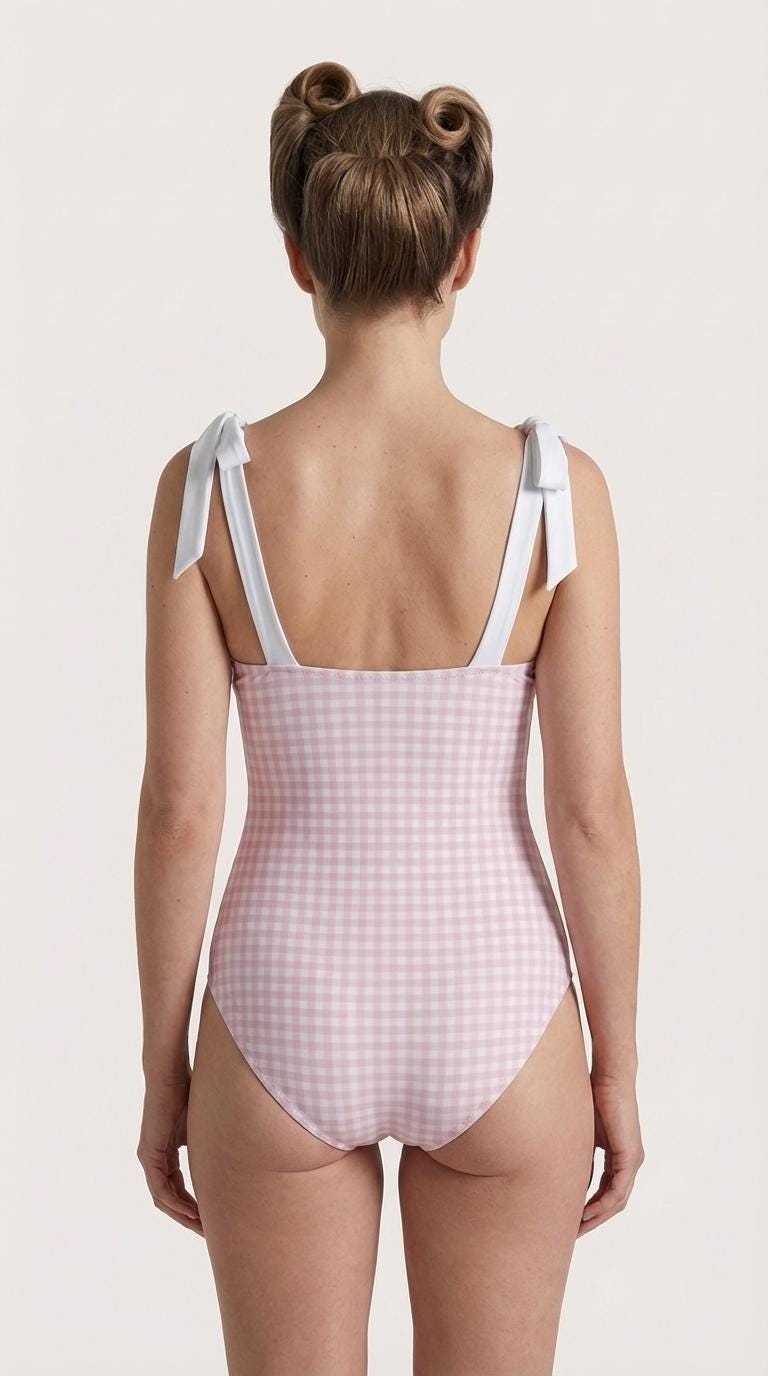 Retro Romantic Gingham Tie Shoulder One-Piece Swimsuit, Built-In Chest Pads, S-5XL, Coquette Pink