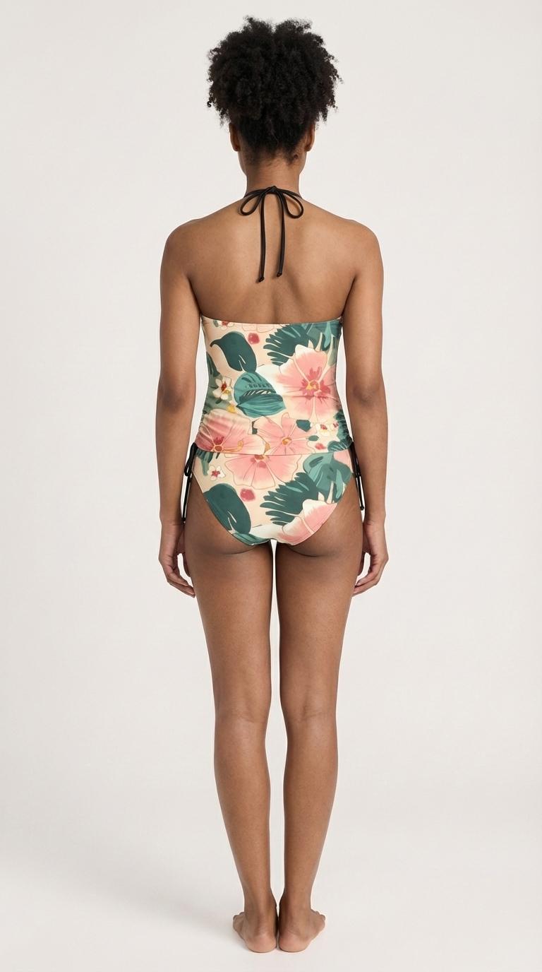 Retro Floral Tankini Two-Piece Swimsuit - Drawstring Halterneck Flattering Fit Surfing Swimwear - Delicate Pinks & Greens