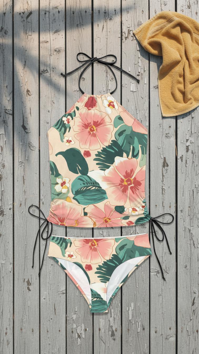 Retro Floral Tankini Two-Piece Swimsuit - Drawstring Halterneck Flattering Fit Surfing Swimwear - Delicate Pinks & Greens