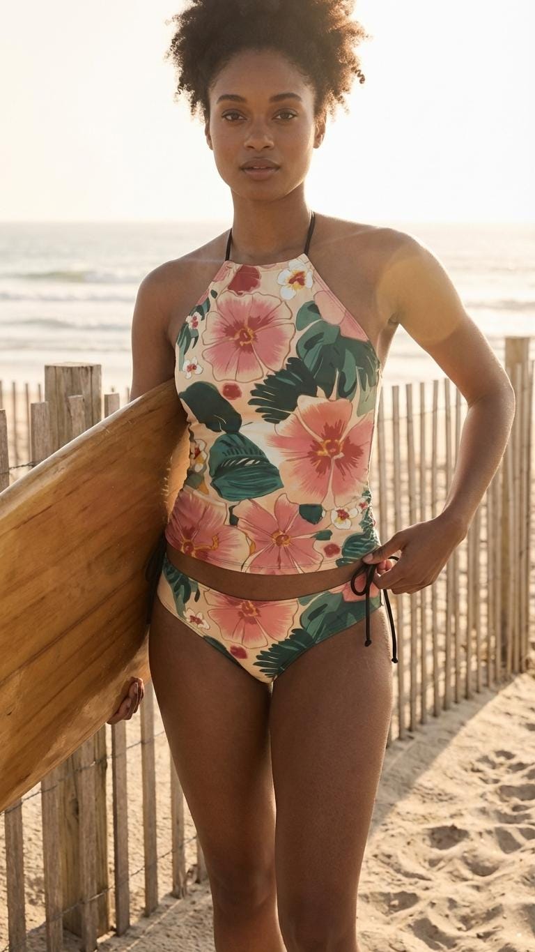 Retro Floral Tankini Two-Piece Swimsuit - Drawstring Halterneck Flattering Fit Surfing Swimwear - Delicate Pinks & Greens