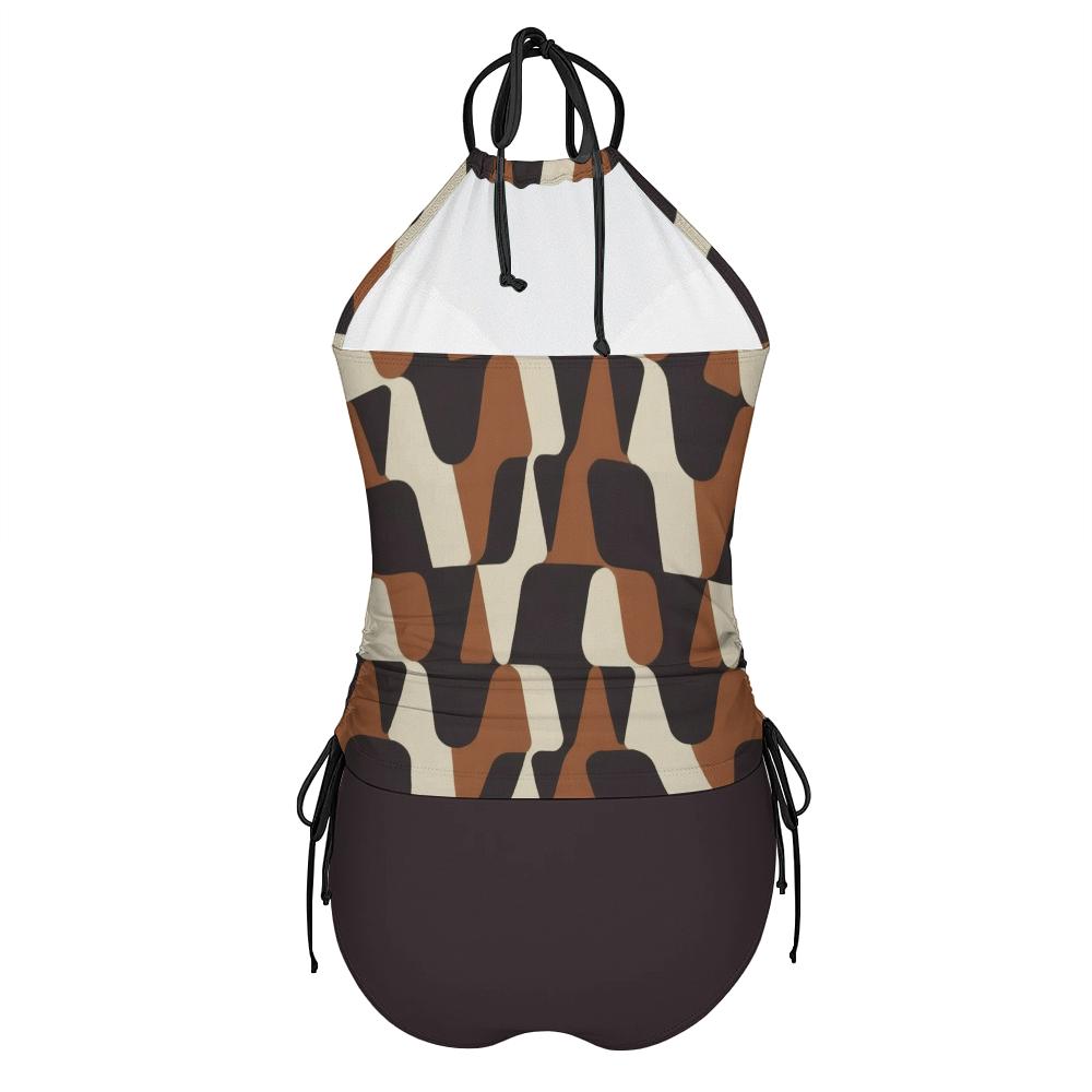 Retro Flattering Tankini Groovy 1960s-Inspired Two-Piece Drawstring Halterneck Swimsuit - Water Sports, Surfing - Mod Browns