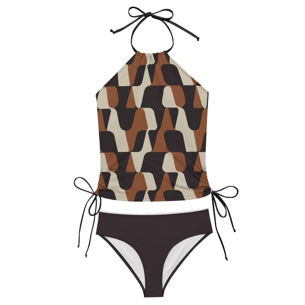 Retro Flattering Tankini Groovy 1960s-Inspired Two-Piece Drawstring Halterneck Swimsuit - Water Sports, Surfing - Mod Browns