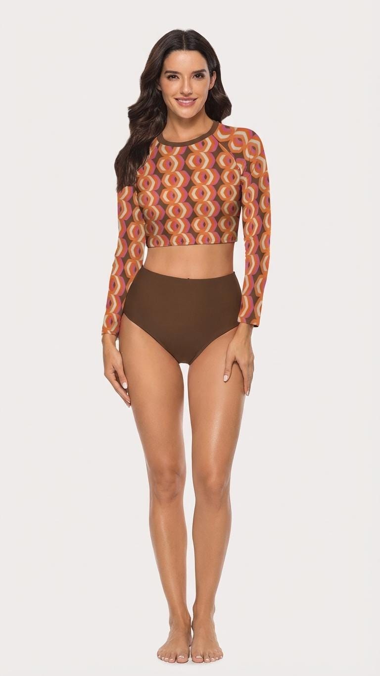60s Retro Surf Sporty Long-Sleeve Crop-Top Bikini | High-Waist Two-Piece Swimwear | Brown & Orange
