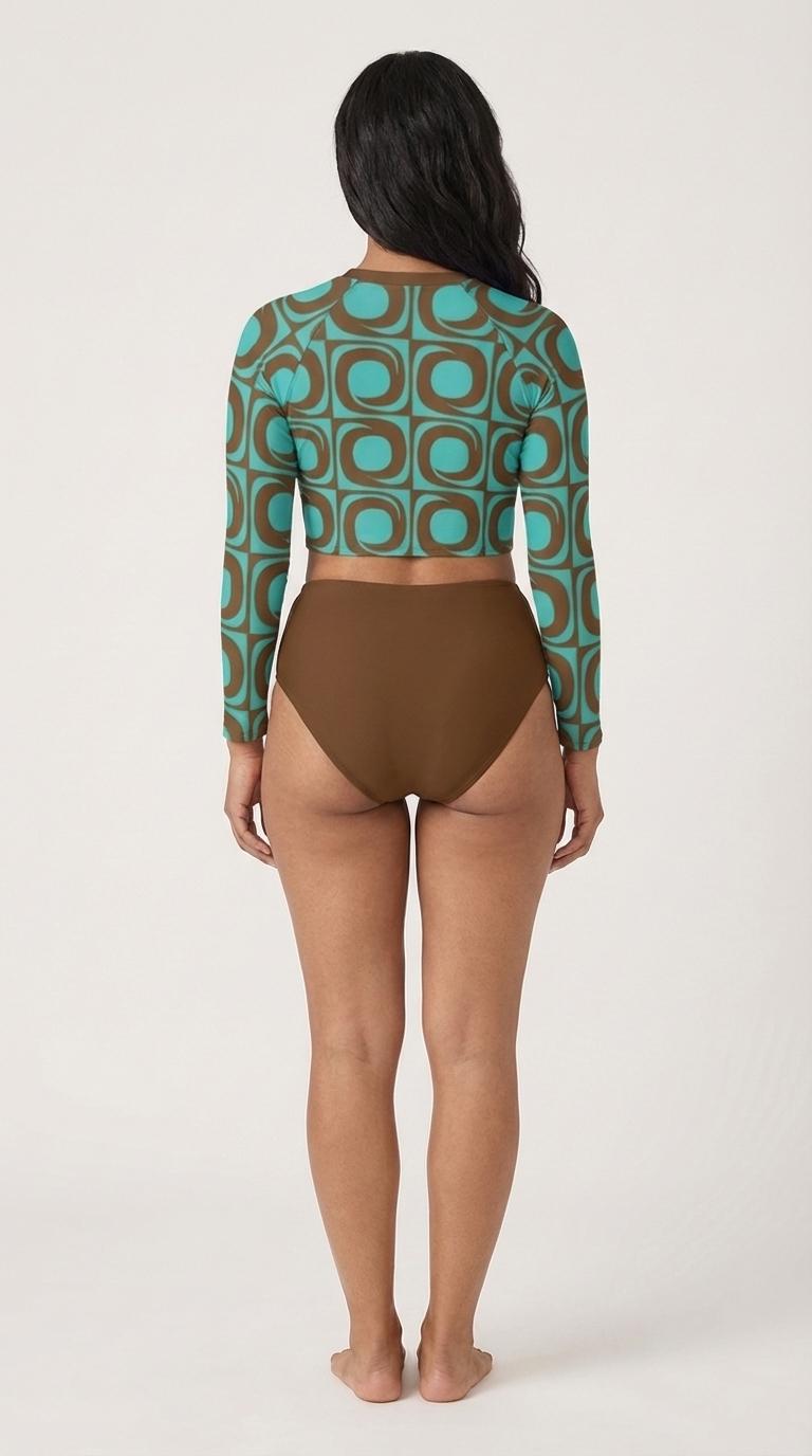 60s Retro Surf Sporty Long-Sleeve Crop-Top Bikini | High-Waist Two-Piece Swimwear | Brown & Cyan