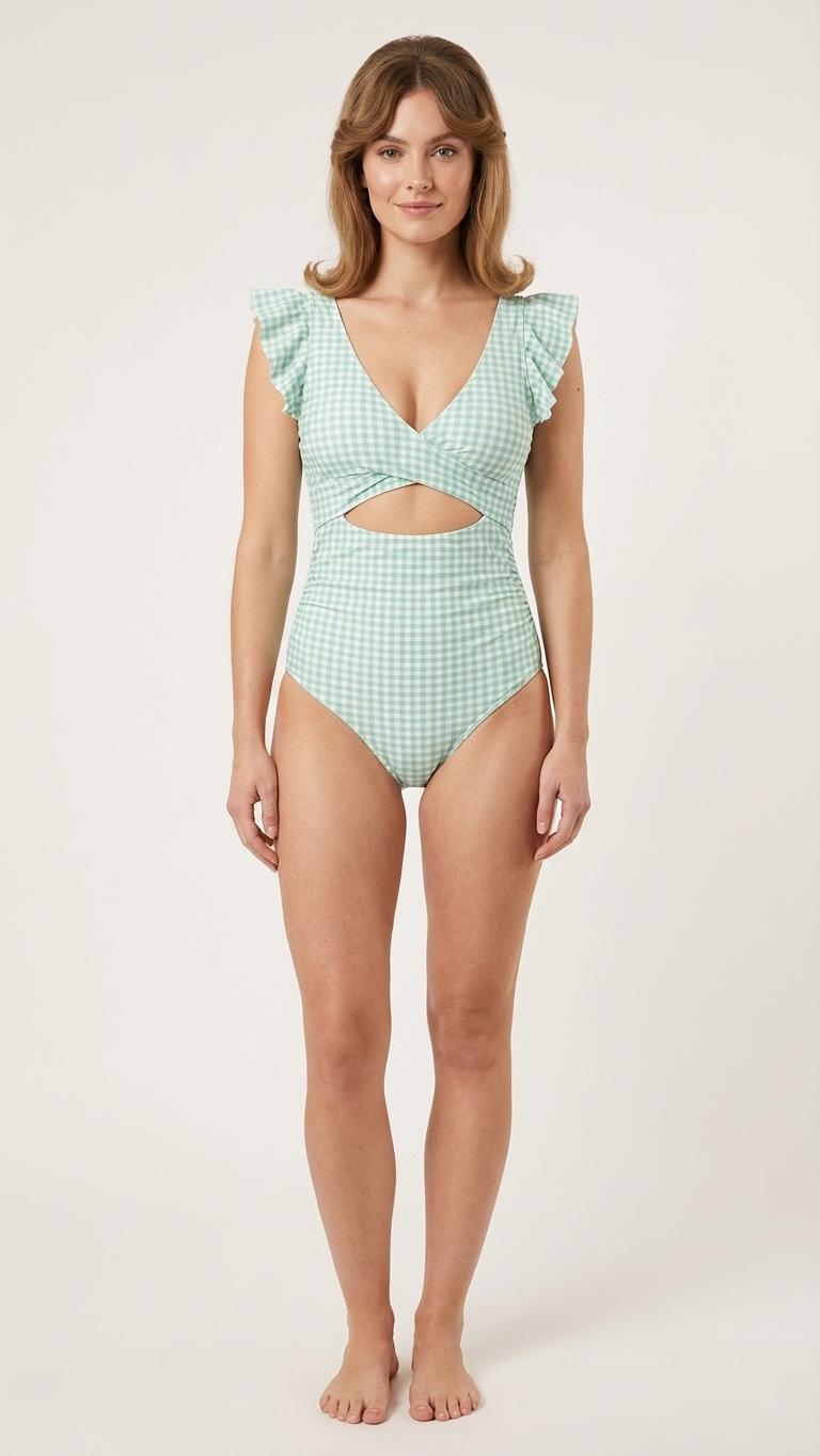 Coquette Romantic Vintage-Inspired V-Neck One-Piece Retro Swimsuit with Frills, Padding & Tummy Control, Mint Gingham