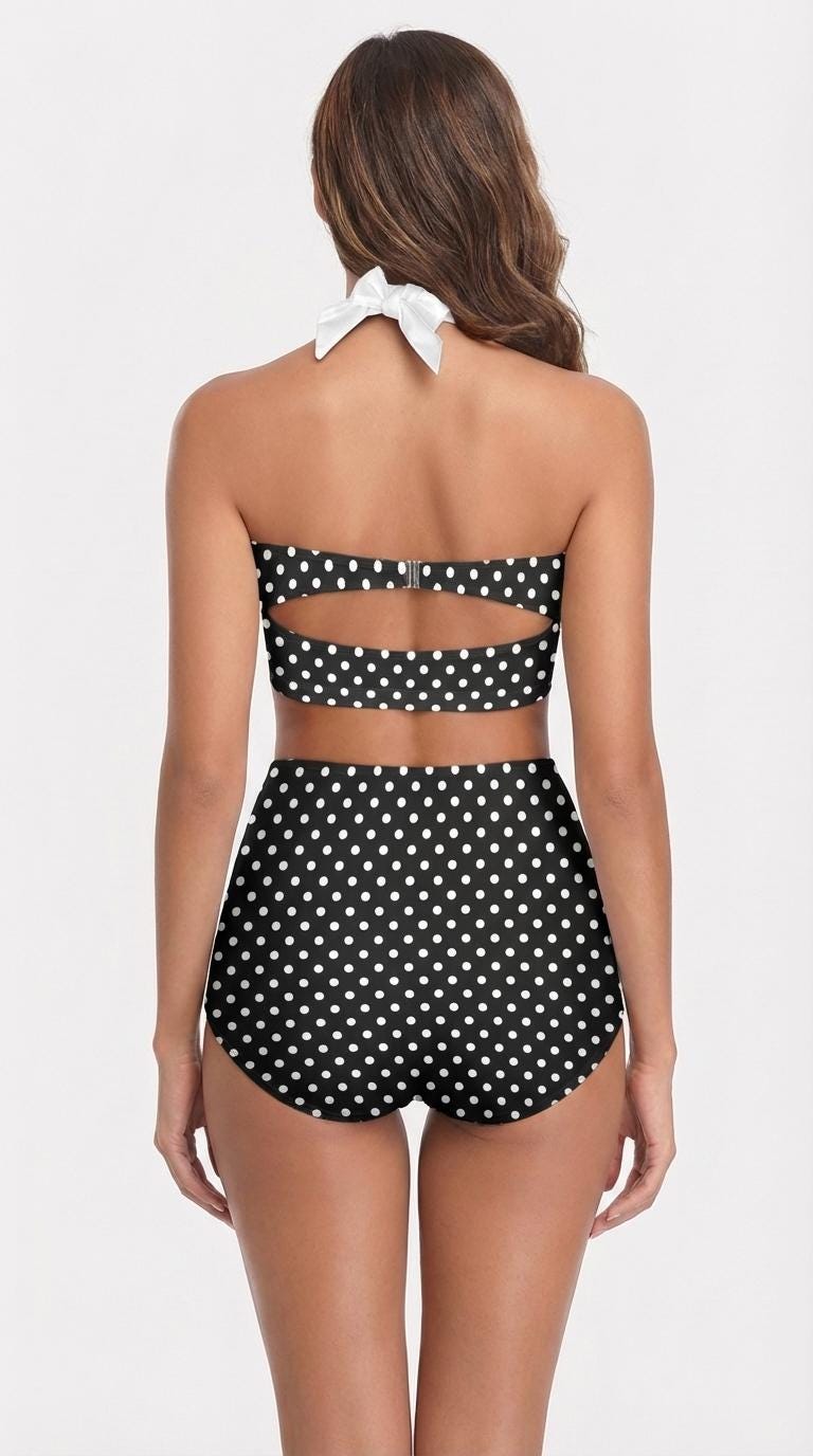 Retro Sweetheart High-Waist Bikini, 1970s-Inspired Pin Up Halter Swimsuit, Polka Dot