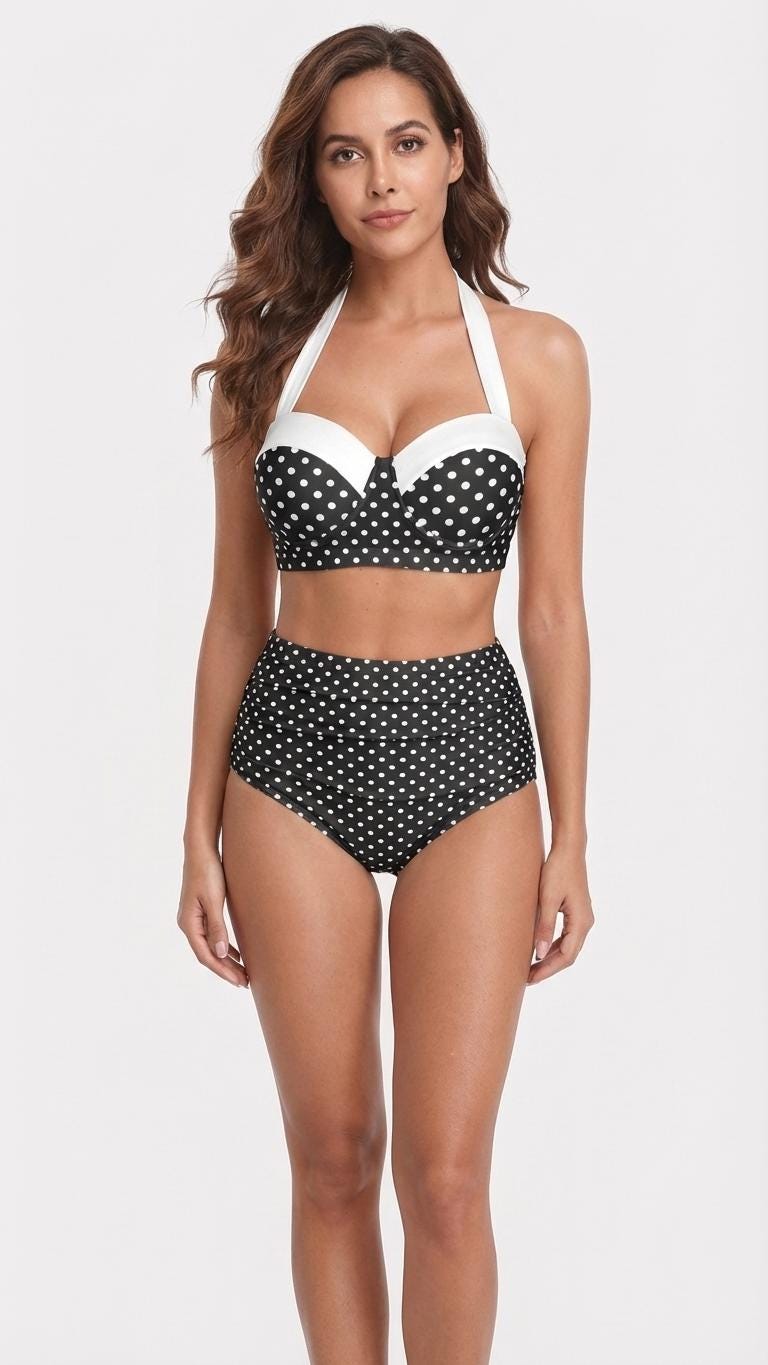 Retro Sweetheart High-Waist Bikini, 1970s-Inspired Pin Up Halter Swimsuit, Polka Dot