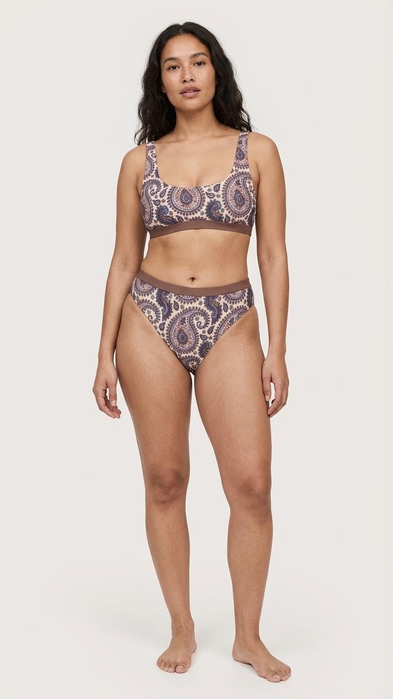 Retro Boho Paisley Sporty Sexy Bikini – High-Waisted Swimsuit, Scoop-Neck Crop-Top, Flattering High-Leg