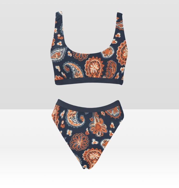Retro Boho Paisley Sporty Sexy Bikini – High-Waisted Swimsuit, Scoop-Neck Crop-Top, Flattering High-Leg