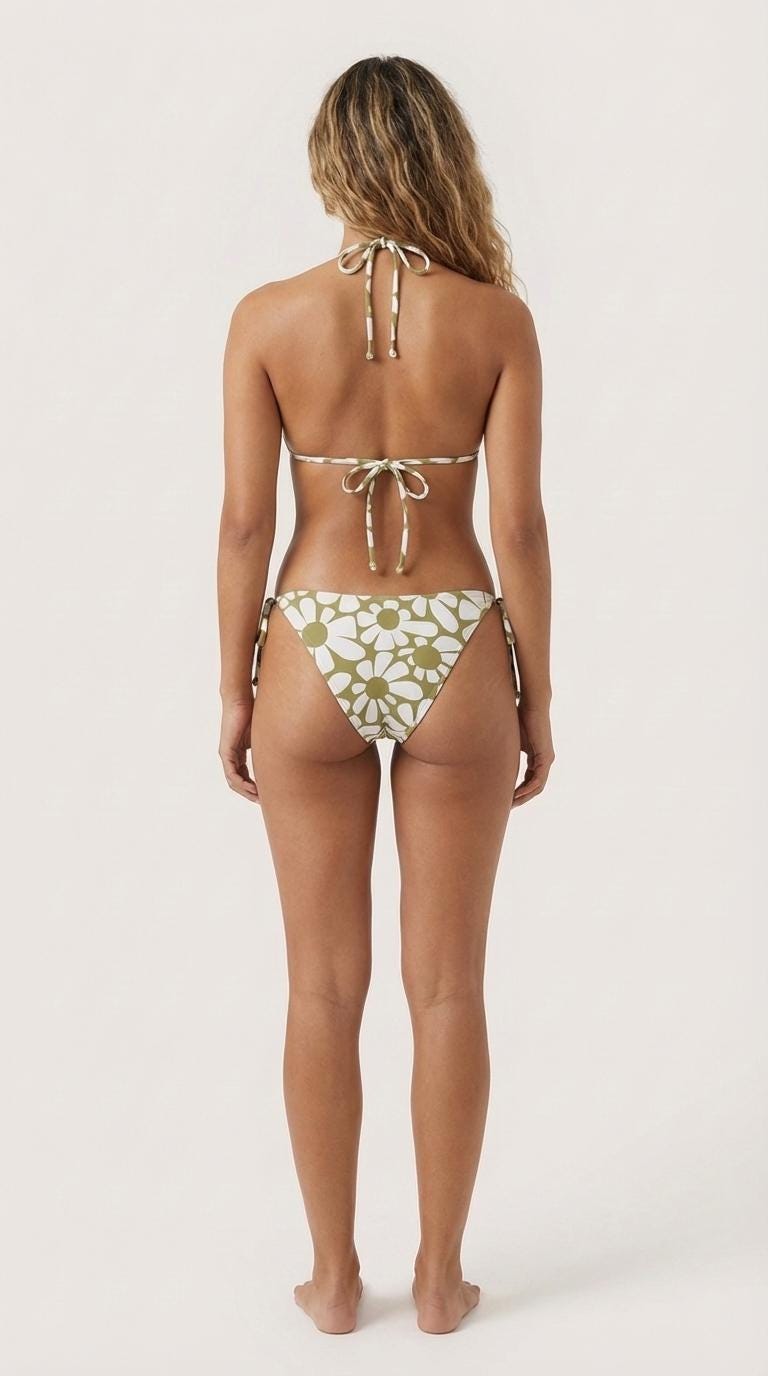 Groovy Retro Floral Triangle Bikini Swimsuit Set, Removable Pads, Halter String Tie-Up - Olive & White