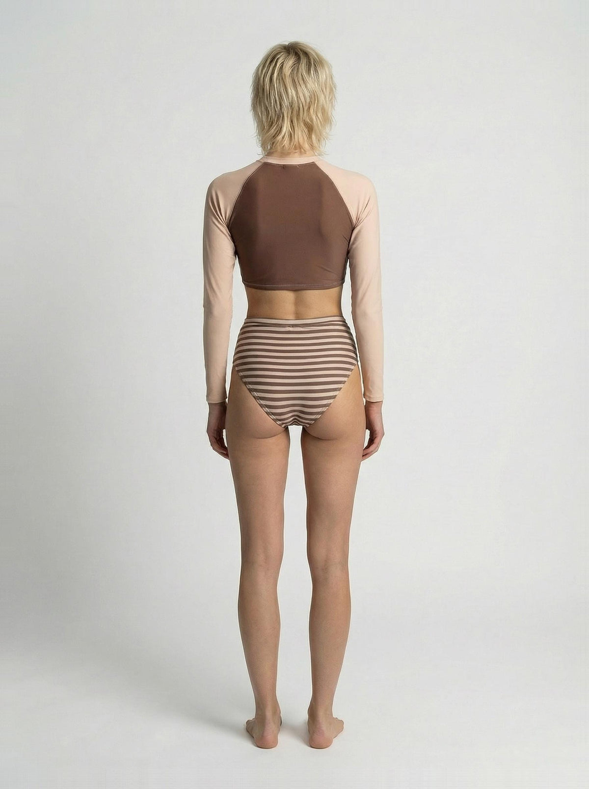 70s Retro Surf Sporty Long-Sleeve Bikini | High-Waist Rash-Guard Swimwear | S-2XL | Two-Tone Stripy Brown & Pink