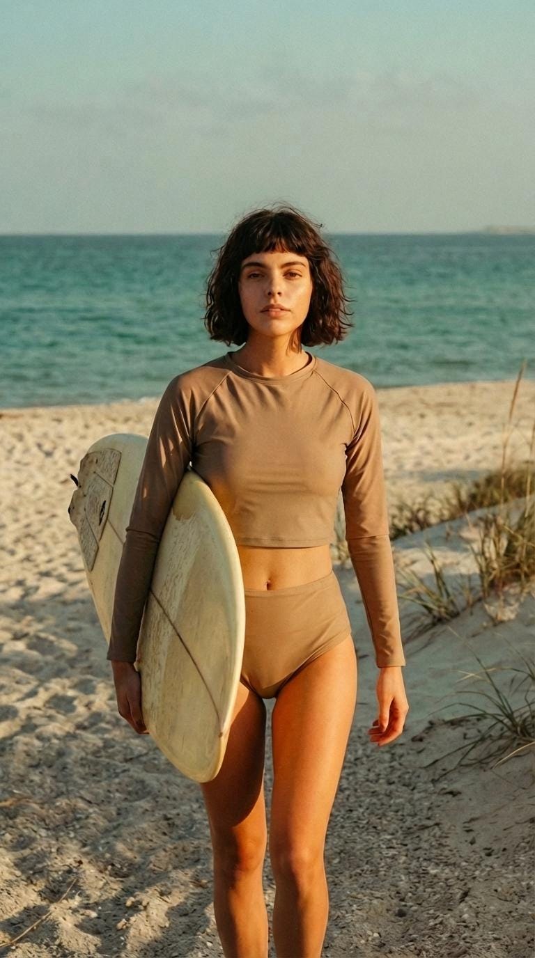 70s Retro Surf Colours Sporty Long-Sleeve Crop-Top Bikini | High-Waist Swimwear | S-2XL | Beige Sand Brown