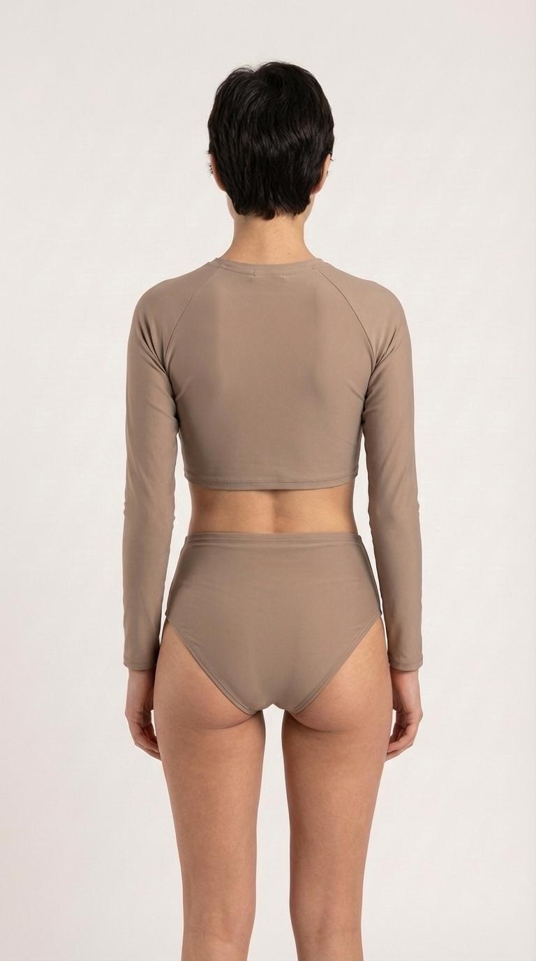 70s Retro Surf Colours Sporty Long-Sleeve Crop-Top Bikini | High-Waist Swimwear | S-2XL | Beige Sand Brown