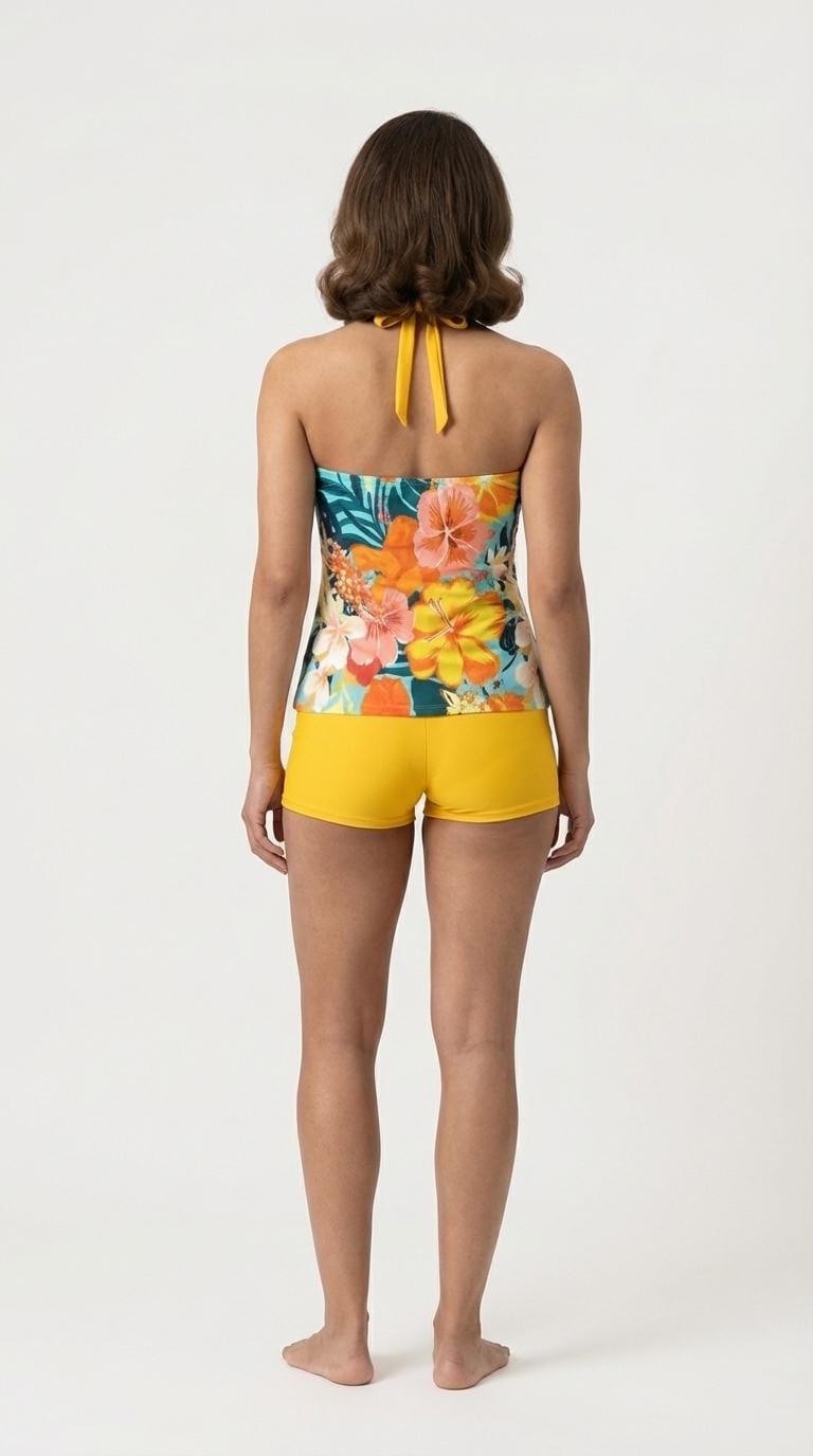 Halter Tankini Boyshorts Swimwear Set | Two-Piece Flattering Swimsuit | Multicolour Florals with Yellow