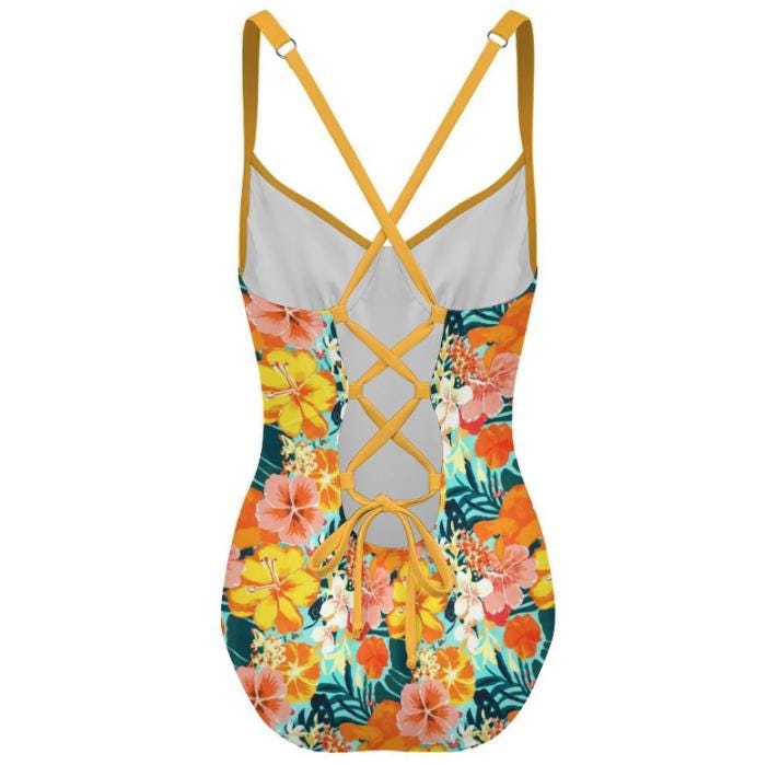 Retro Romantic Push-Up One-Piece Swimsuit with Lace-Up Back, Hawaiian Retro Surf Florals
