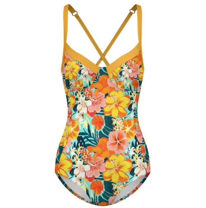 Retro Romantic Push-Up One-Piece Swimsuit with Lace-Up Back, Hawaiian Retro Surf Florals