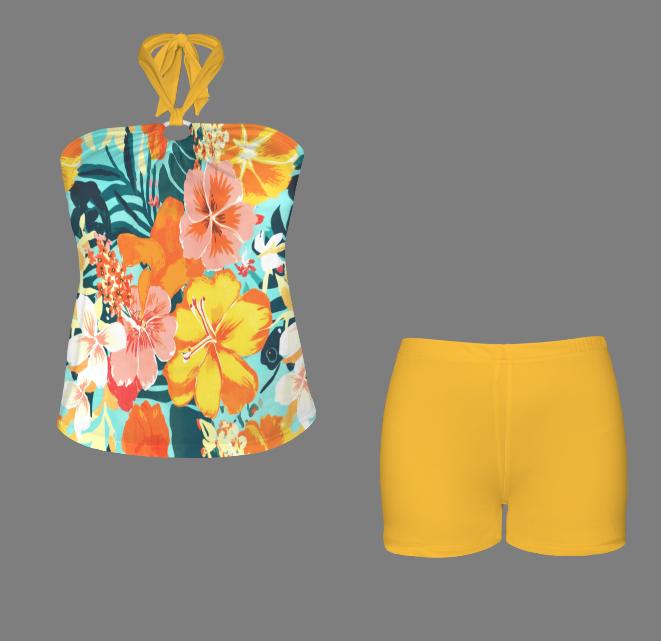 Halter Tankini Boyshorts Swimwear Set | Two-Piece Flattering Swimsuit | Multicolour Florals with Yellow