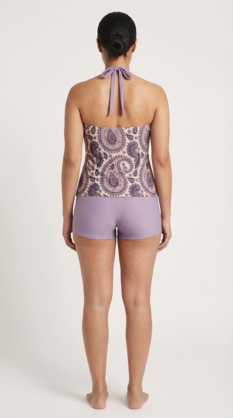 Halter Tankini Boyshorts Swimwear Set | Two-Piece Flattering Swimsuit | Violet Paisley