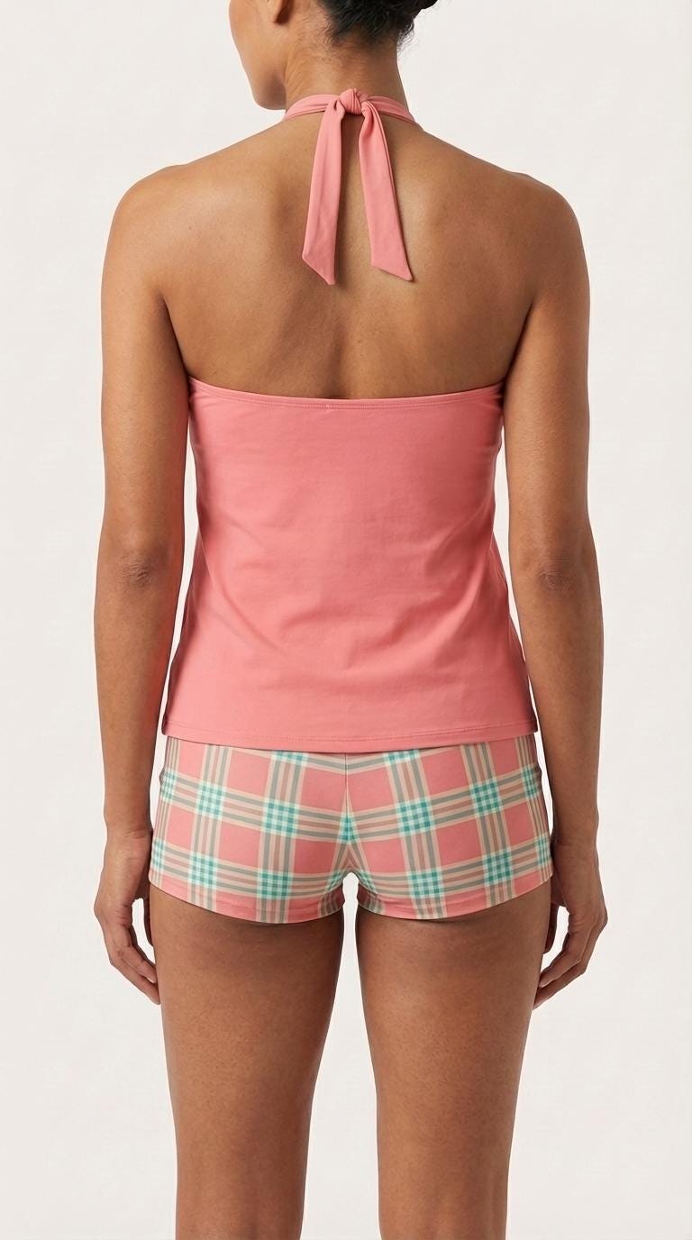 Halter Tankini Boyshorts Swimwear Set | Two-Piece Flattering Swimsuit | Coral with Plaid