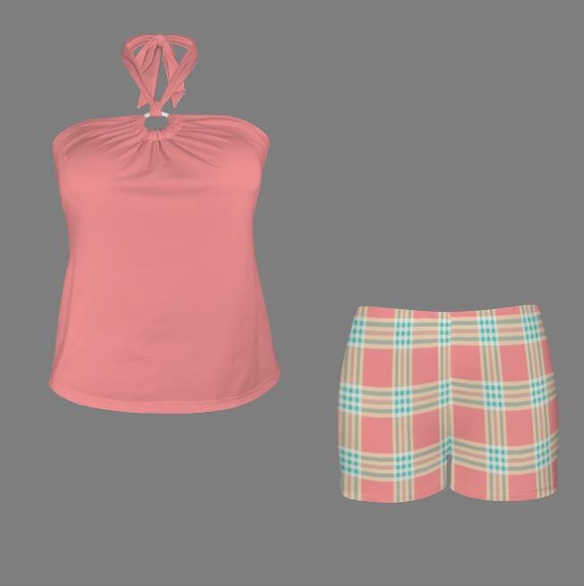 Halter Tankini Boyshorts Swimwear Set | Two-Piece Flattering Swimsuit | Coral with Plaid
