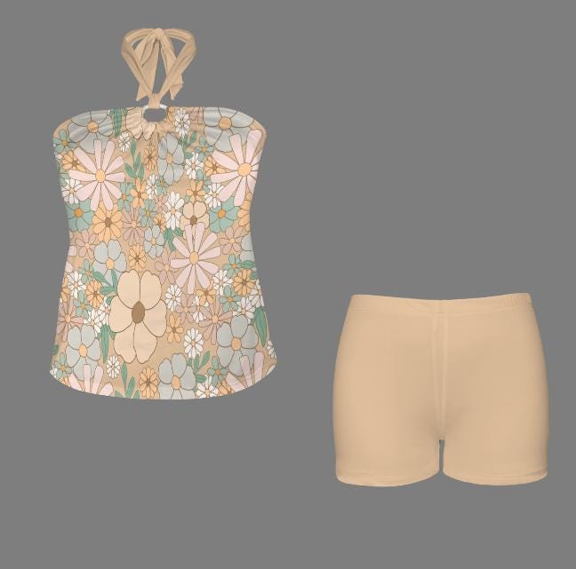 Halter Tankini Boyshorts Swimwear Set | Two-Piece Flattering Swimsuit | 70s Florals in Beige