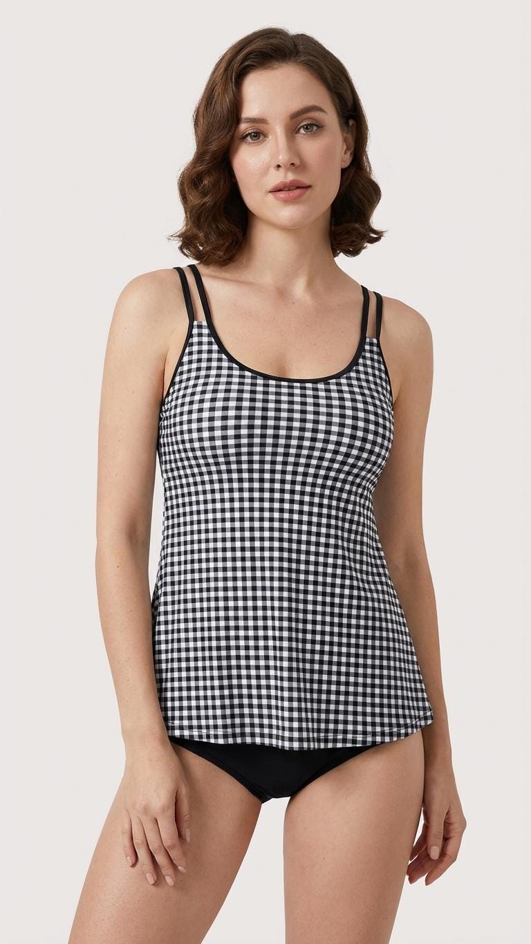 Black Flowy Halter Tankini Set – Sleek Two-Piece Swimsuit with Boyshorts - Black Gingham
