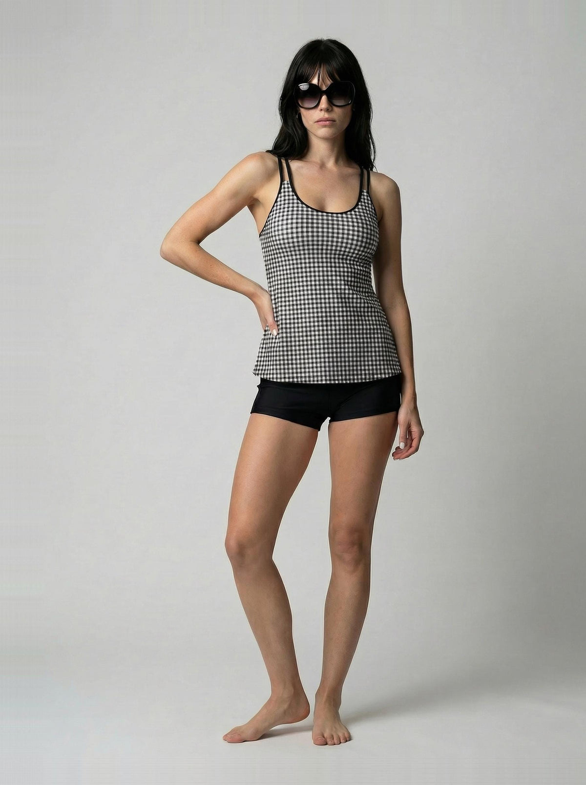 Black Flowy Halter Tankini Set – Sleek Two-Piece Swimsuit with Boyshorts - Black Gingham