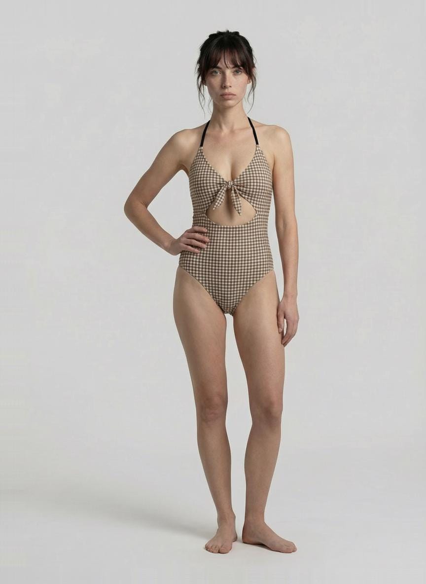 Tie Front Cut-Out One-Piece Swimsuit – Retro Sexy Plunge Monokini – Brown Gingham
