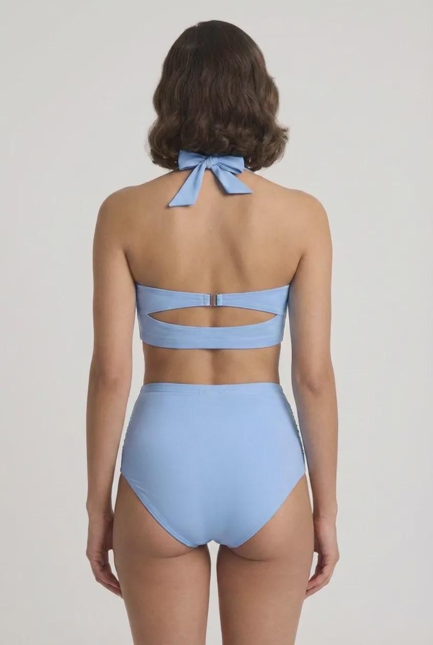Retro Sweetheart High-Waist Bikini, 1960s-Inspired Pin Up Halter Swimsuit, Blue