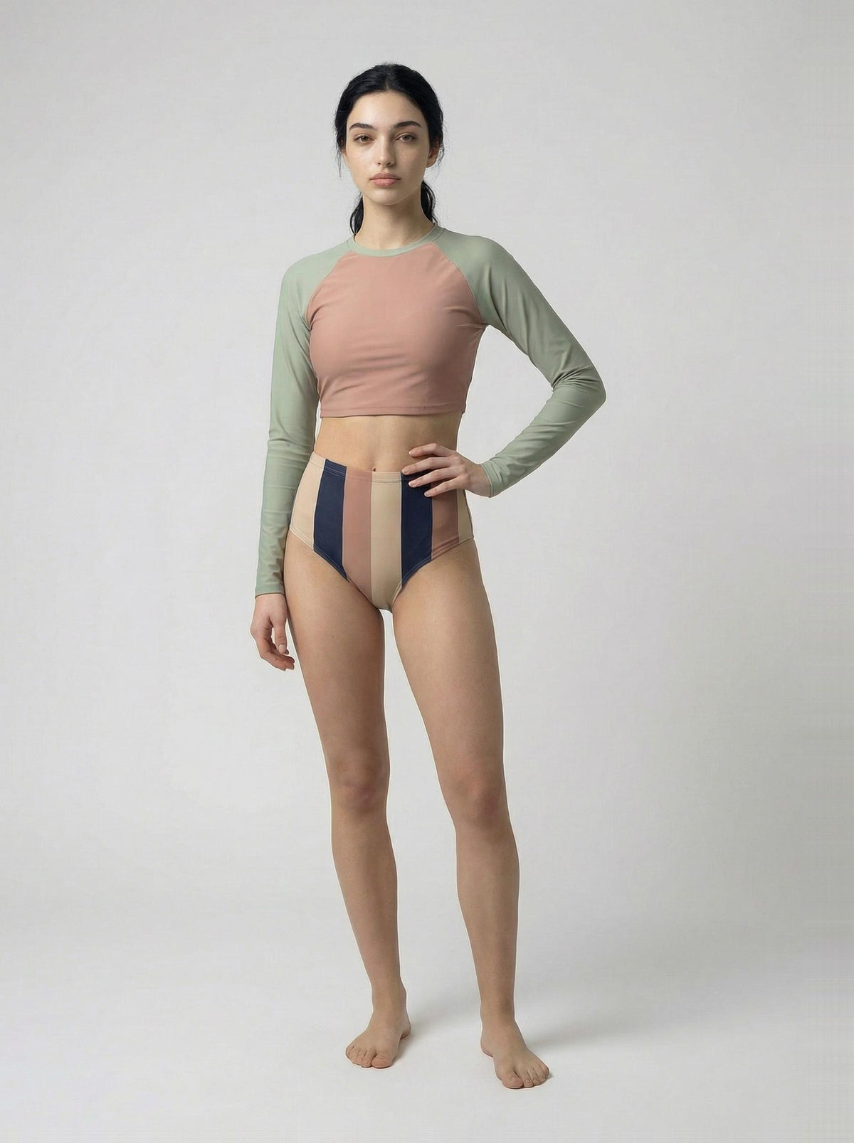 Retro Surf Long-Sleeve Bikini - Cropped Rash-Guard, High-Waist Bottoms - Sporty Two-Piece Swimsuit, Grey / Terracotta / Navy