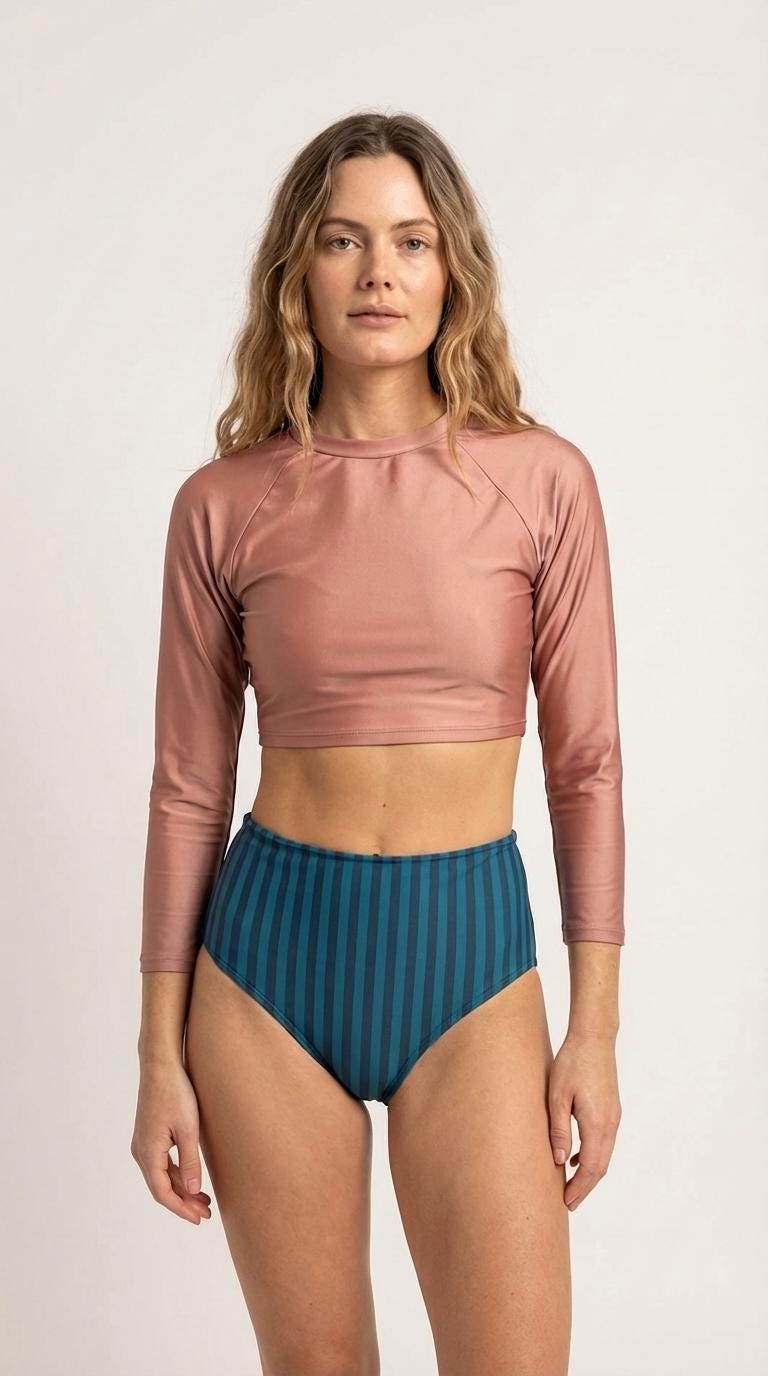 Retro Surf Long-Sleeve Bikini - Cropped Rash-Guard, High-Waist Bottoms - Sporty Two-Piece Swimsuit, Rose Pink / Blue