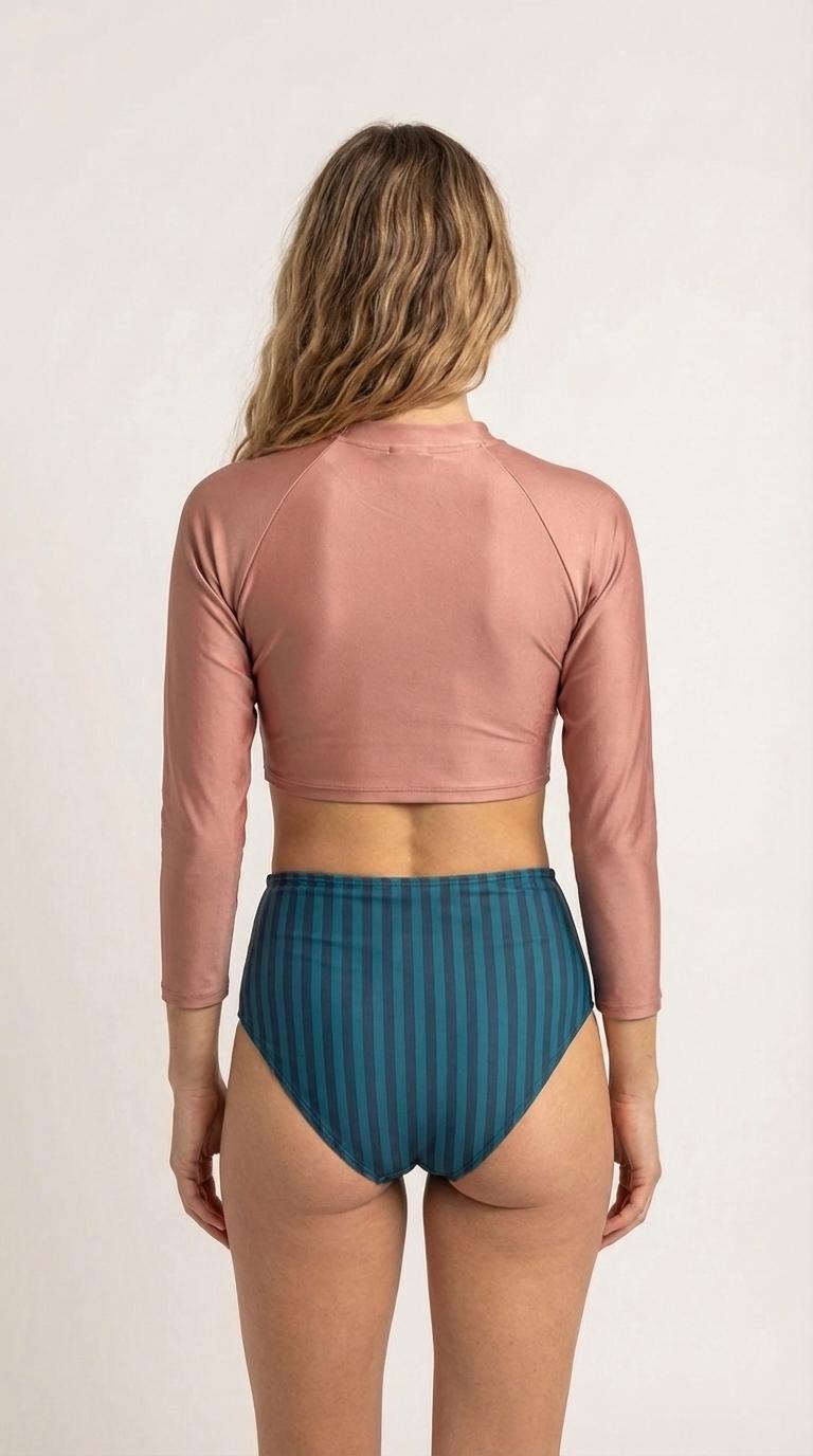 Retro Surf Long-Sleeve Bikini - Cropped Rash-Guard, High-Waist Bottoms - Sporty Two-Piece Swimsuit, Rose Pink / Blue