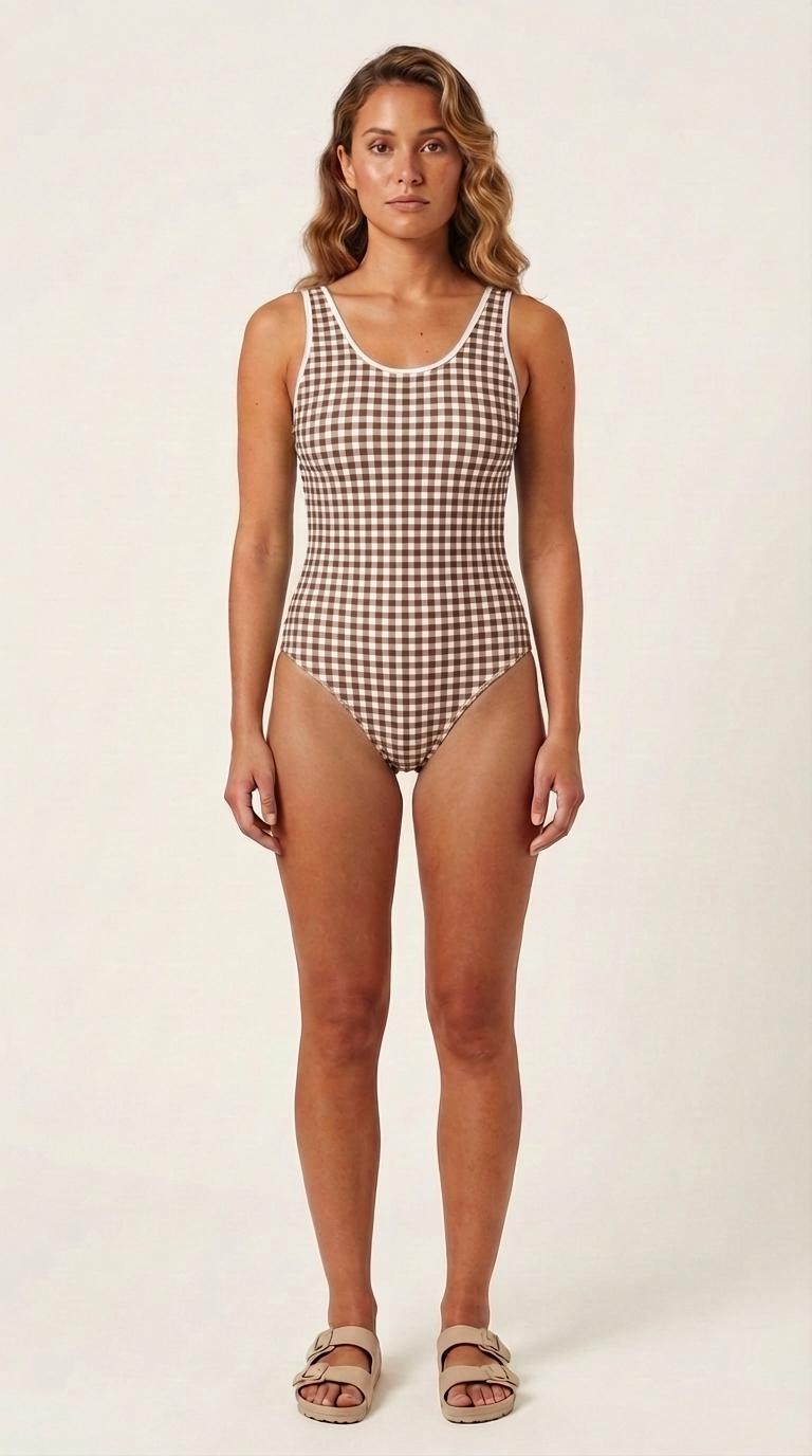 Retro Gingham One-Piece Swimsuit – Sporty White Trim, Active Fit
