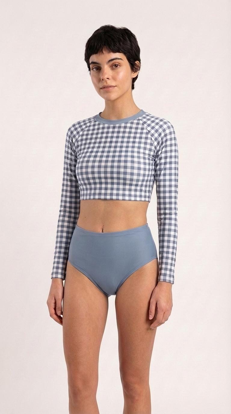 Retro Gingham Surf Suit | Long Sleeve Crop Top Bikini Swimwear Set